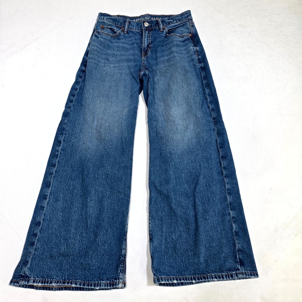 American Eagle Wide Leg Jeans Womens 00 Short Blue Strigid High Rise Raw Hem